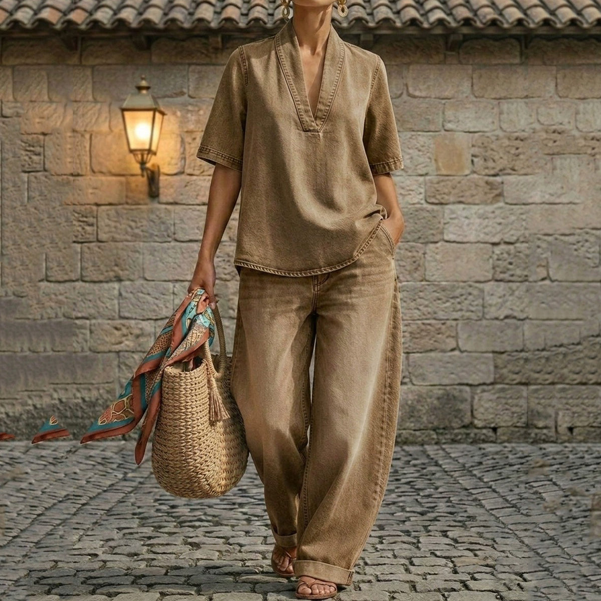 Cardydony Women's Retro Blended Cotton Washed Shirt And Pants Two-piece Set