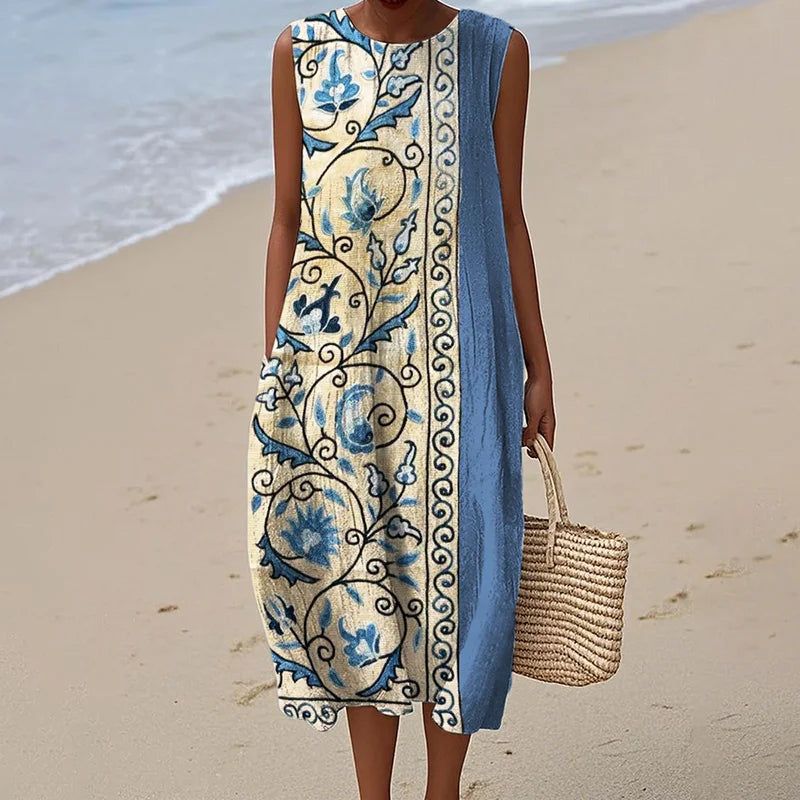 Cardydony Ethnic Floral Suzani Embroidered Contrast Linen Midi Dress
