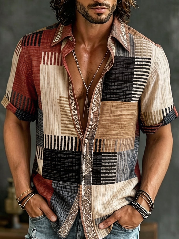 Cardydony Men's Vintage Abstract Geometric Pattern Casual Cotton Shirt