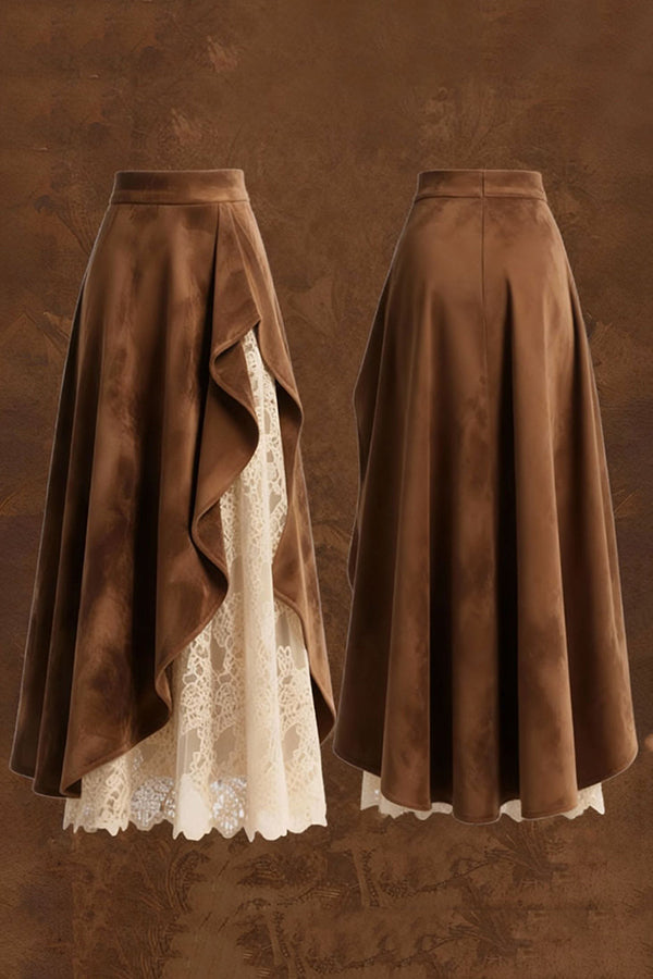 Cardydony Women's Stylish Suede and Lace Patchwork Elegant Asymmetrical Midi Skirt