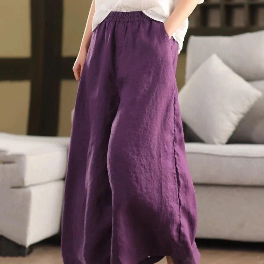 Cardydony Casual Solid Color Linen Loose Trousers