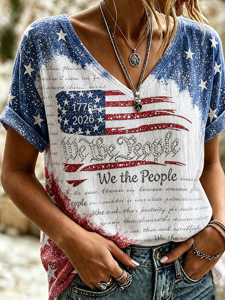 Cardydony Women's Independence Day We The People Casual V-neck T-shirt