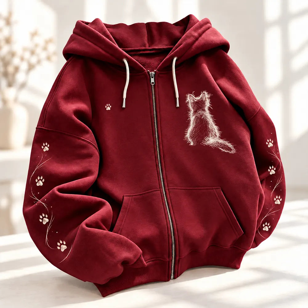 Cardydony Women's Burgundy Fuzzy Cat Silhouette And Paw Prints Zip-up Hooded Jacket