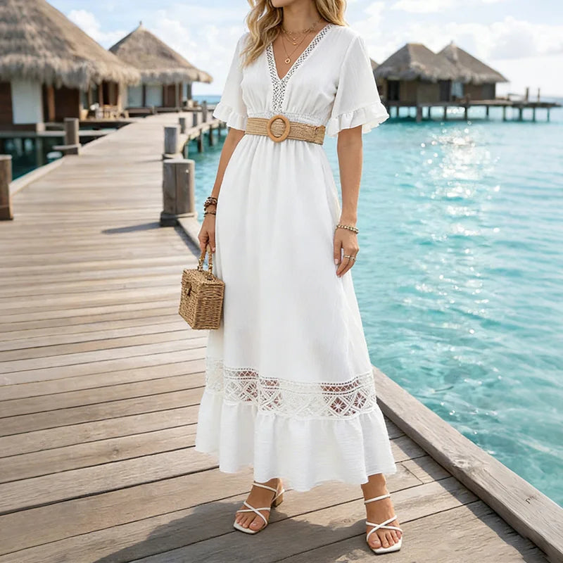 Cardydony Vintage Boho Lace Patchwork Cotton And Linen Maxi Dress