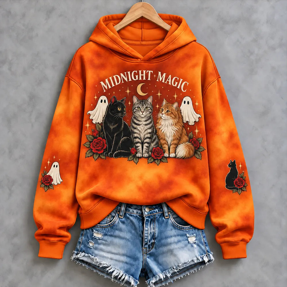 Cardydony Women's Halloween Cats, Ghosts And Roses Pattern Pullover Hoodie