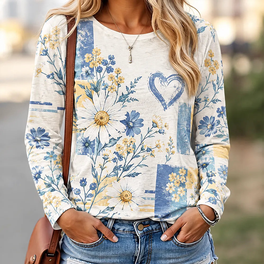 Cardydony Women's Casual Blue And Yellow Patchwork Daisy & Heart Print Long-sleeve T-shirt
