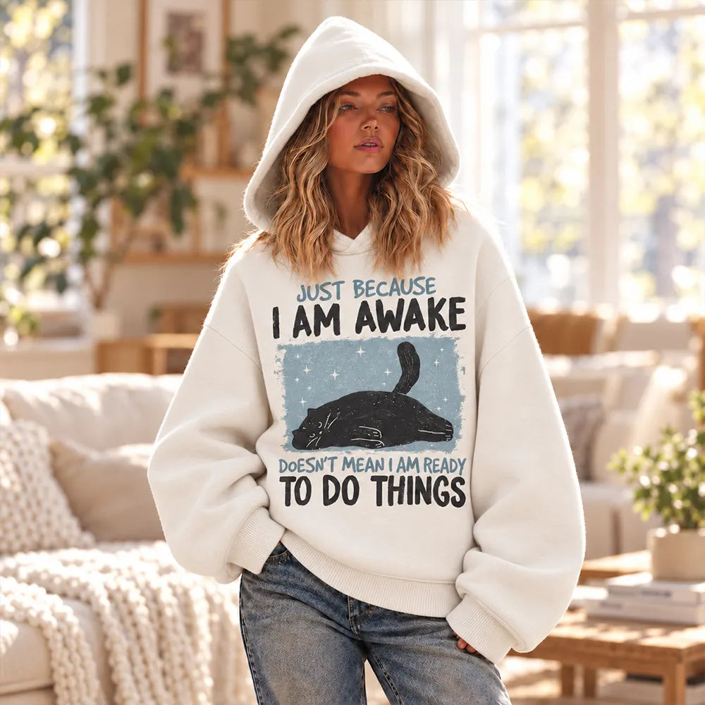 Cardydony Women's Cream Lazy Black Cat Slogan Graphic Oversized Pullover Hoodie