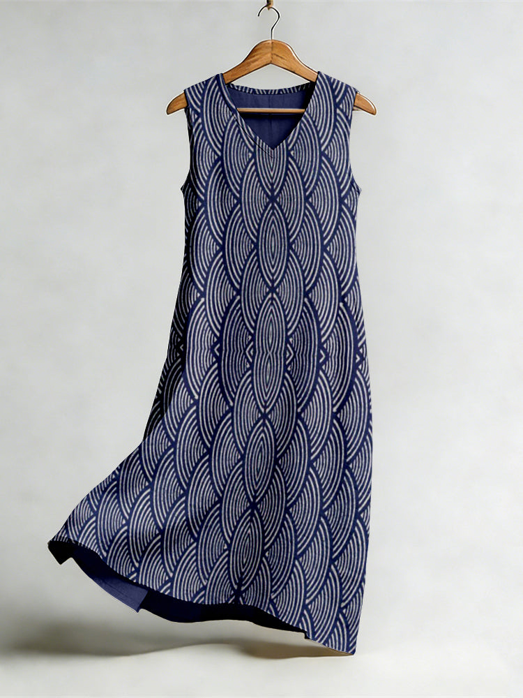 Cardydony Japanese Wave Geometric Pattern Flowy Linen Midi Dress