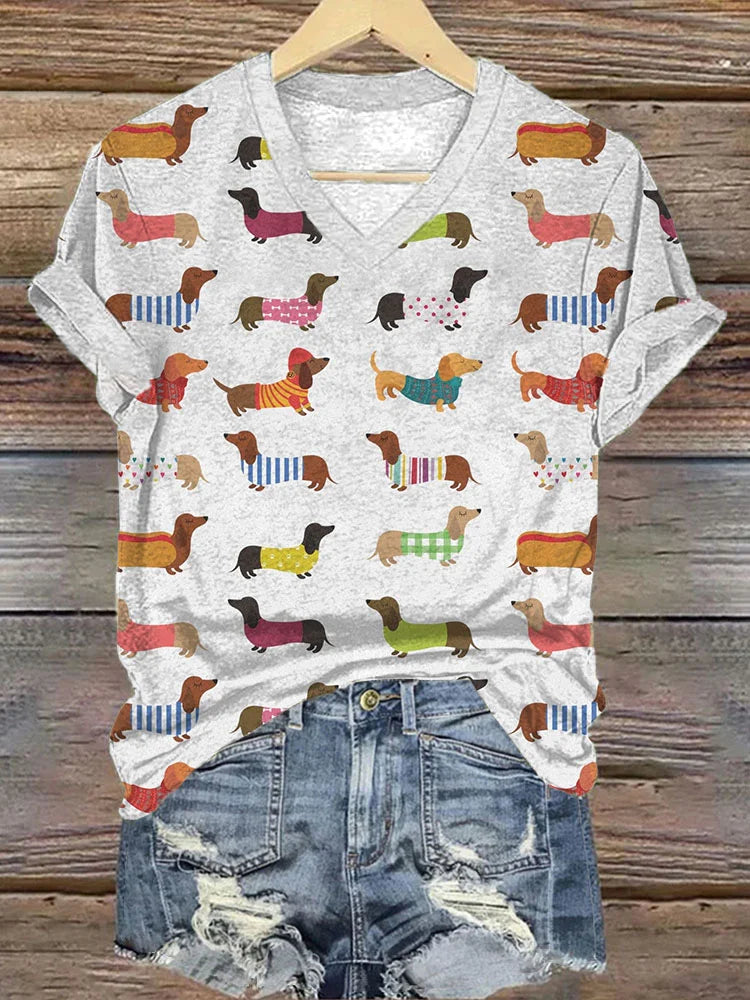Cardydony Dachshunds Print V-neck Short Sleeve T-Shirt