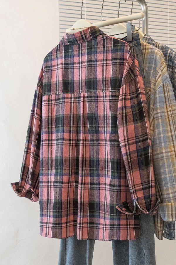 Cardydony Women's Stylish Plaid Collared Long-sleeved Pockets Casual Loose Shirt
