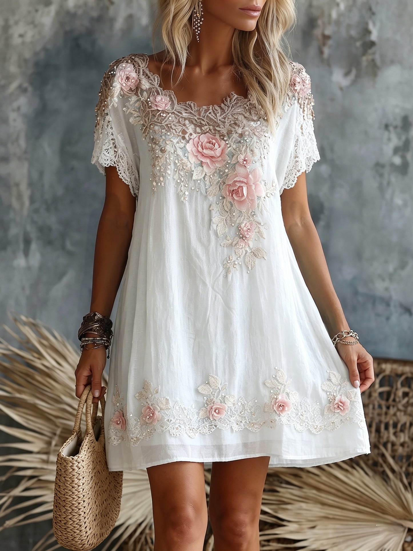 Cardydony Women's Retro Rose Floral Embroidery Pattern Short Sleeve Linen Dress