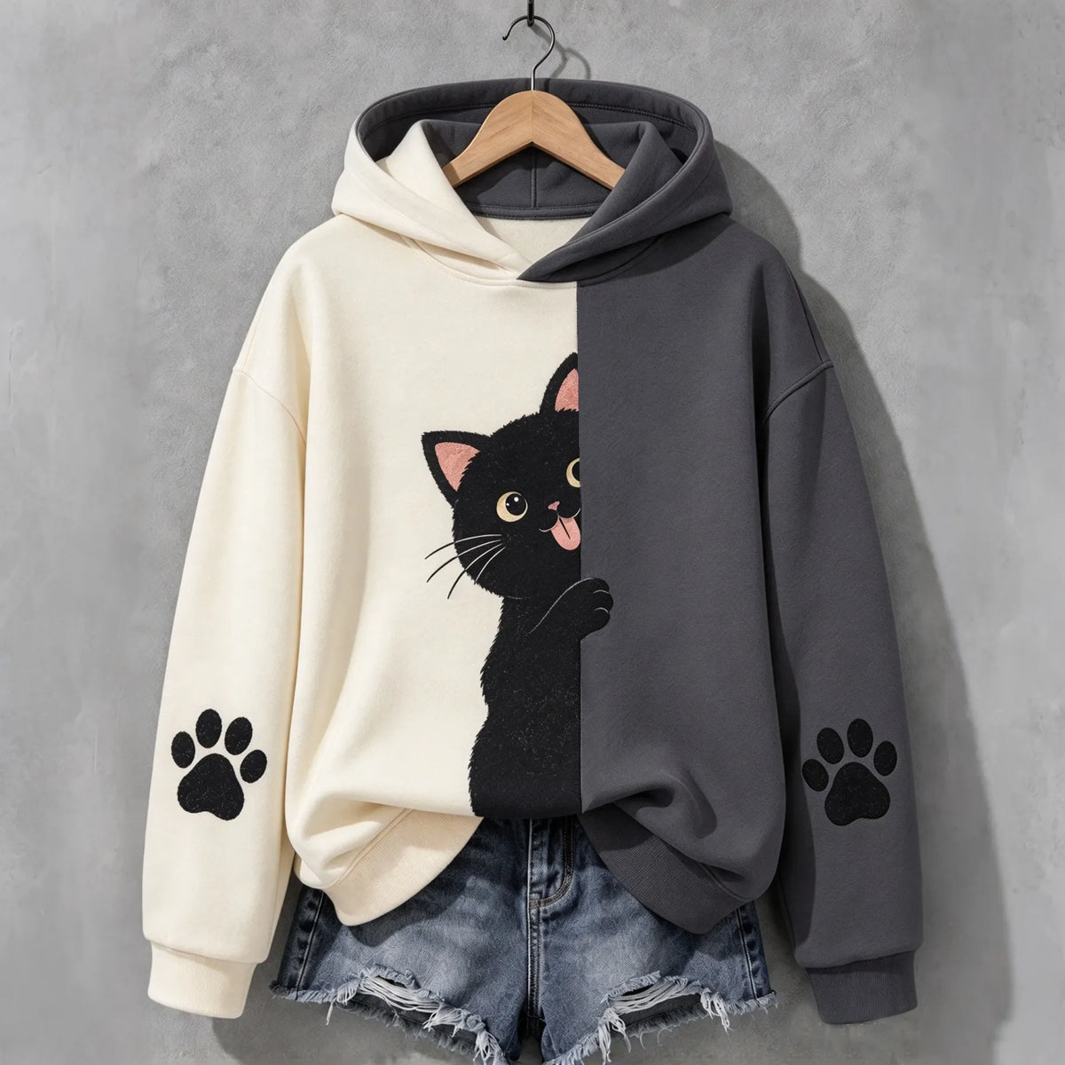 Cardydony Women's Naughty Peeking Black Cat Abstract Art Print Casual Hoodie