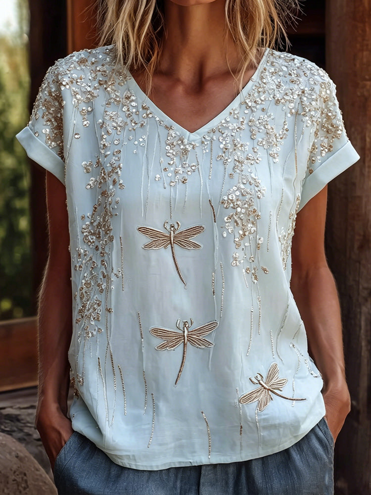 Cardydony Women's Dragonfly Embroidered Short Sleeve V-neck Beaded Sequin Boho Top