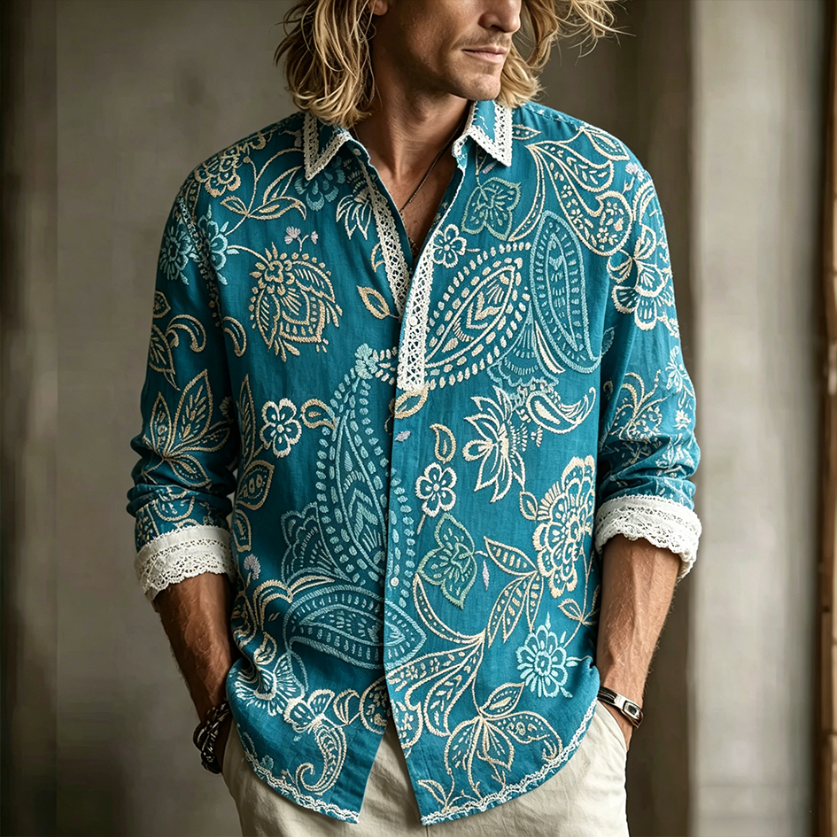 Cardydony Men's Retro Plant Flower Embroidery Pattern Design Casual Linen Shirt