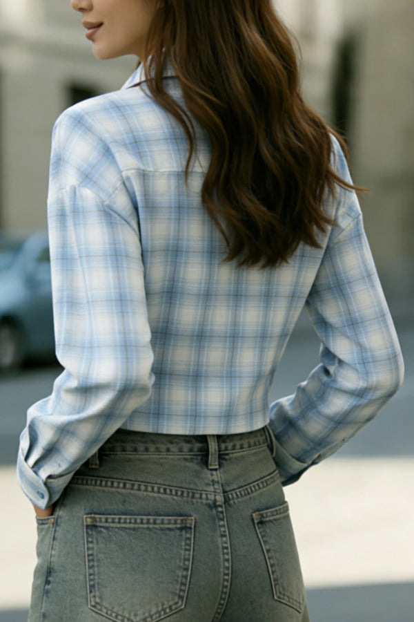 Cardydony Women's Plaid Print Loose Collar Long Sleeve Pockets Casual Shirt