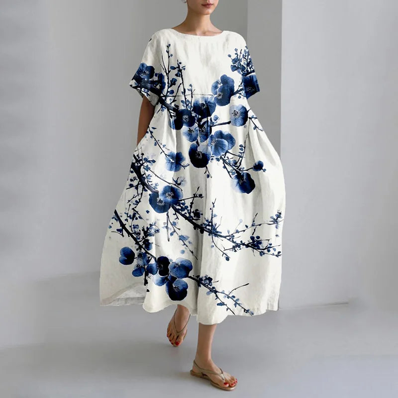 Cardydony Blue Sakura Art Linen Blend Comfy Maxi Dress