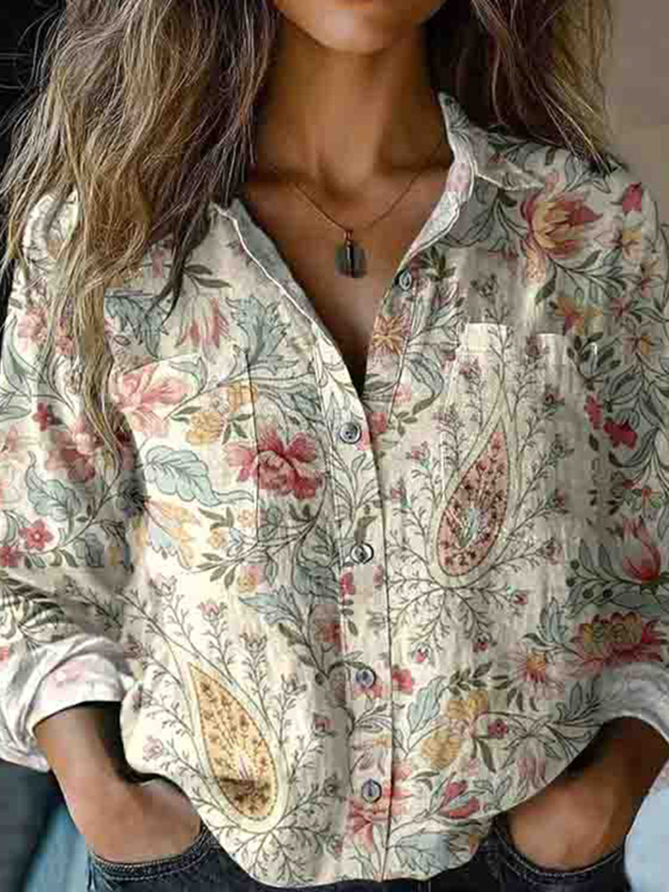 Cardydony Bohemian Style Floral & Paisley Patchwork Linen Print Long Sleeve Shirt