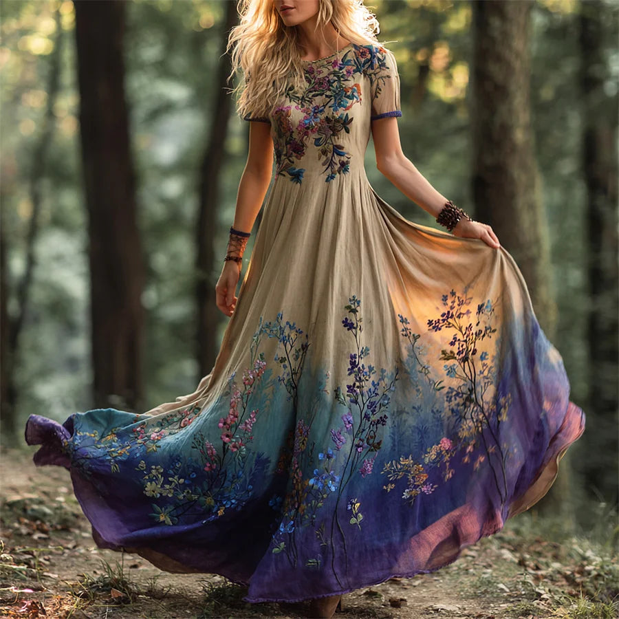 Cardydony Boho Vintage Ethnic Floral Art Women's Linen Short Sleeve Flowy Maxi Dress