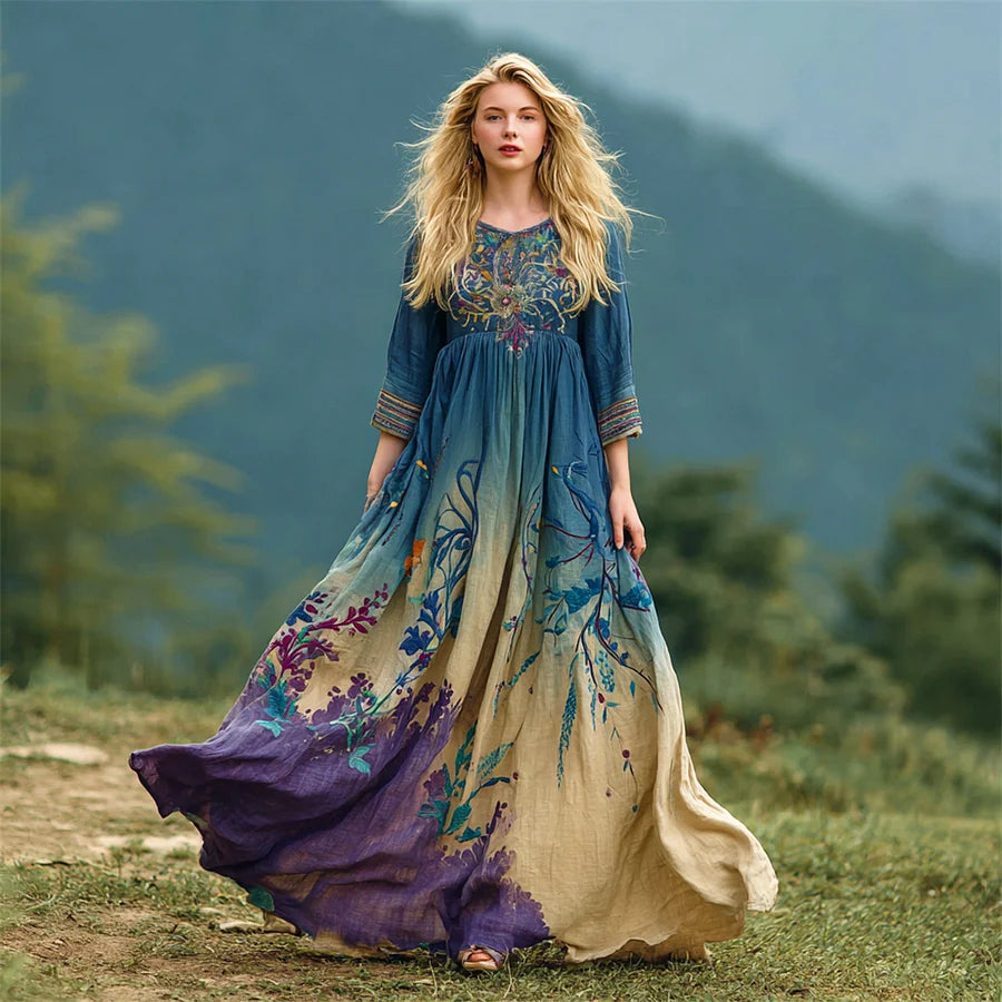 Cardydony Boho Vintage Ethnic Floral Gradient Art Women's Linen Flowy Maxi Dress