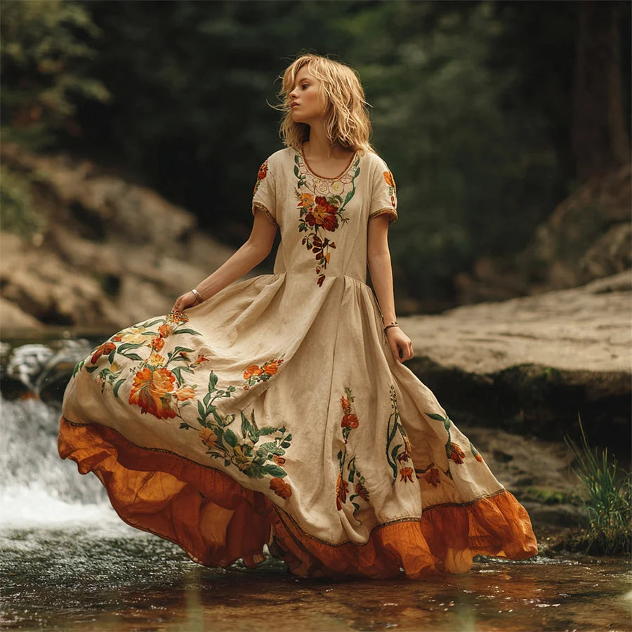 Cardydony Boho Vintage Floral Art Women's Linen Short Sleeve Flowy Maxi Dress