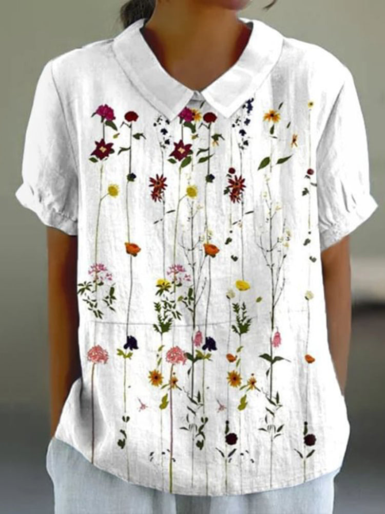 Cardydony Casual Floral Print Cotton And Linen Short Sleeve Tops