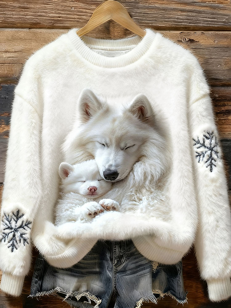 Cardydony Christmas Snowflake And Sleeping Wolf Pattern Plush Thermal Sweater