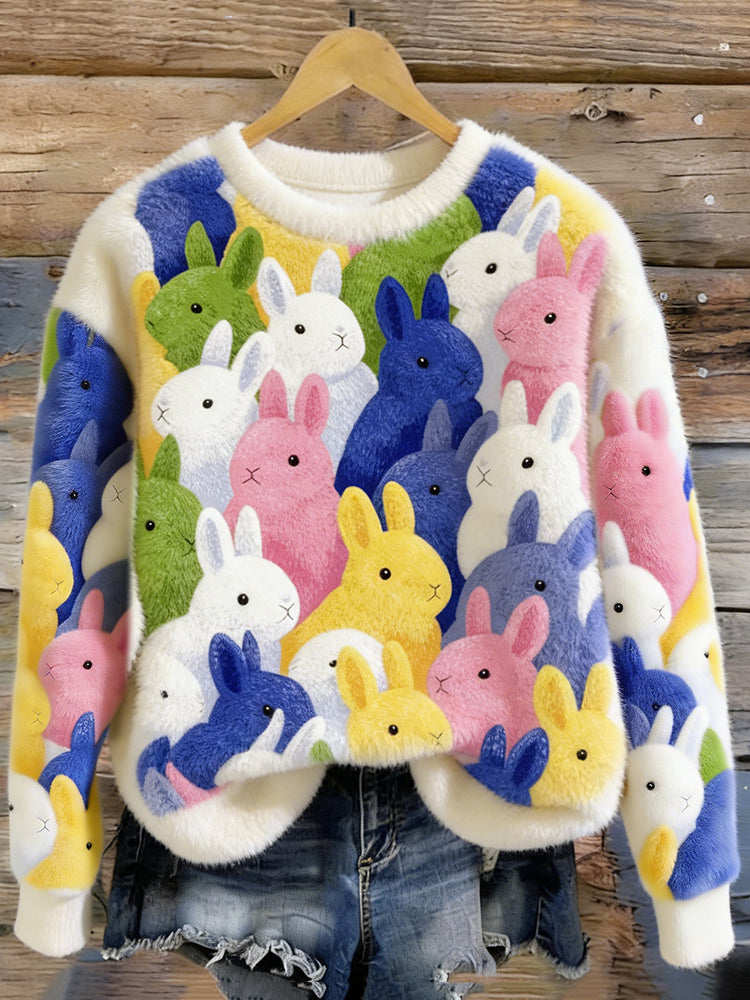 Cardydony Cute And Colorful Rabbit Pattern Winter Plush Crew Neck Sweatshirt For Women