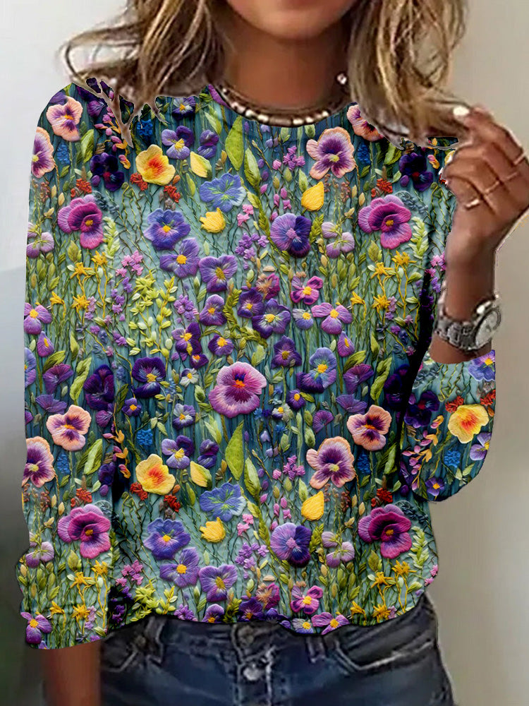 Cardydony Elegant Violet Wildflower Embroidery Art Comfy T Shirt