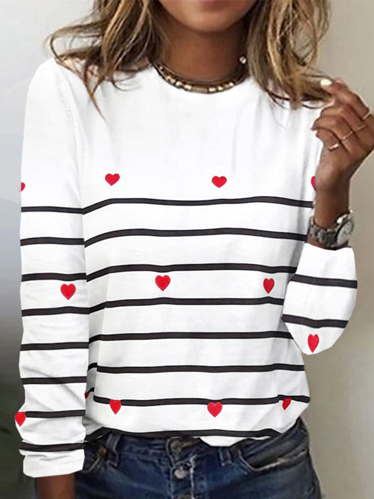 Cardydony Heart Print Casual Long Sleeve T-Shirt