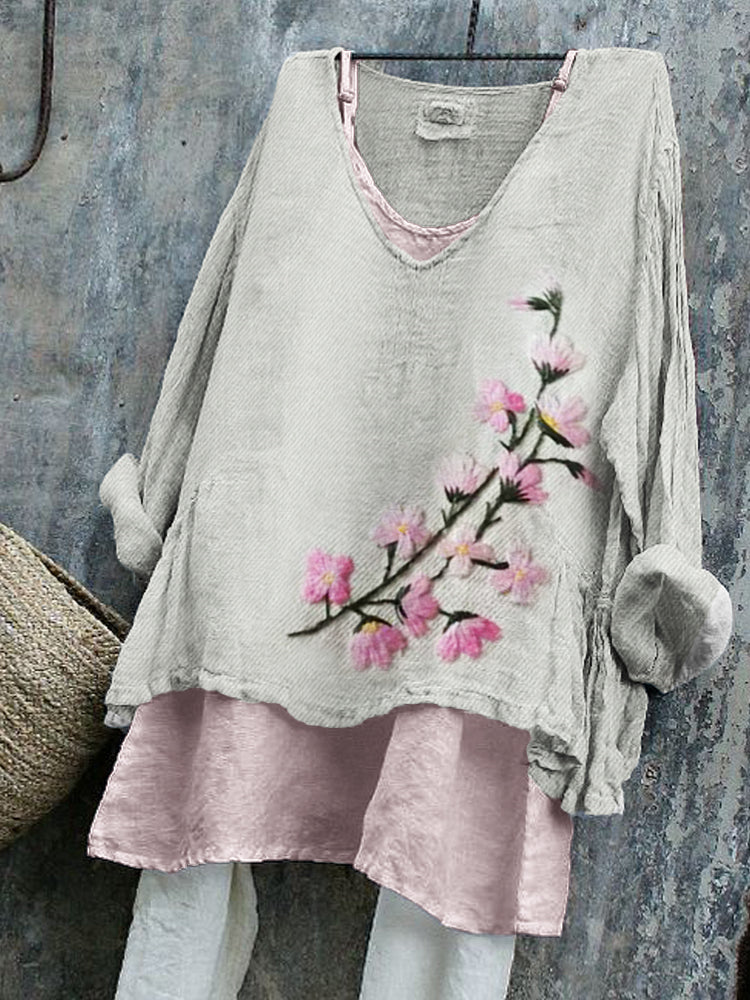 Cardydony Japanese Cherry Blossom Embroidered Linen Tunic