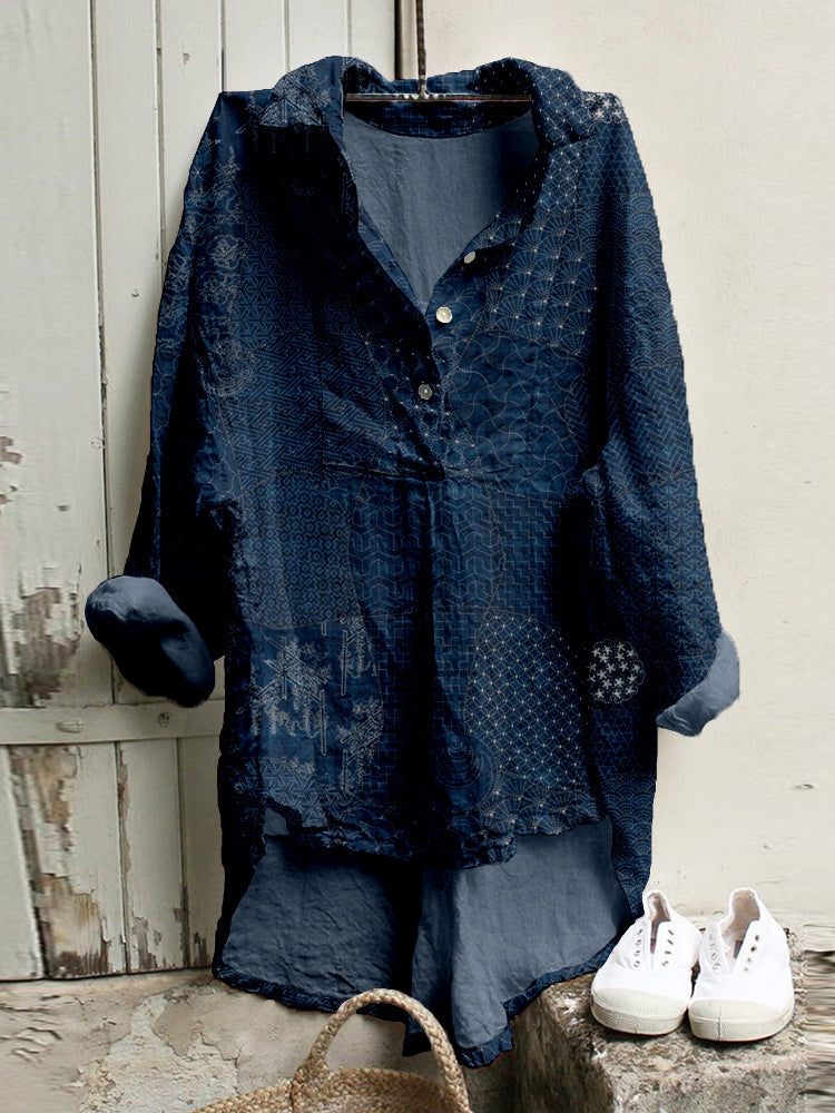 Cardydony Japanese Traditional Sashiko Art Linen Blend High Low Tunic