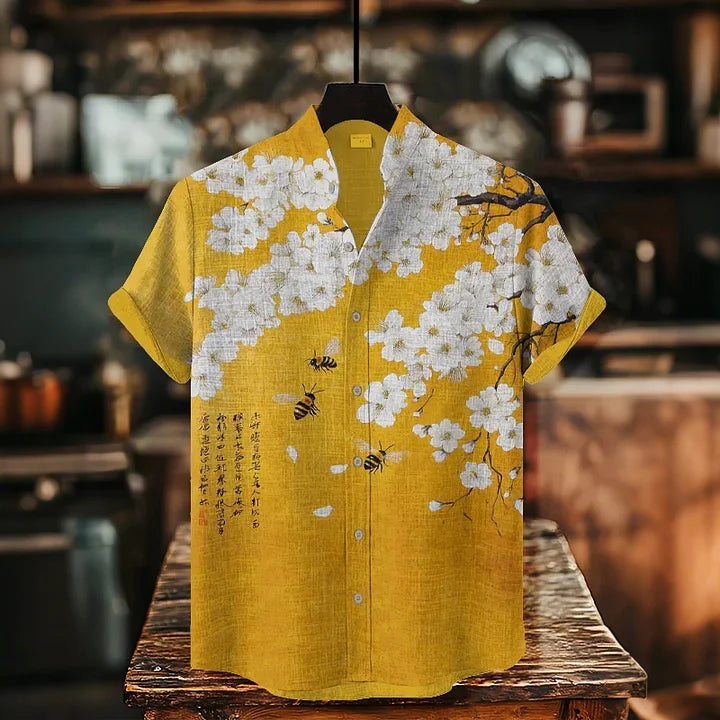 Cardydony Men's Retro Calligraphy Cherry Blossom Tree Several Bees Print Casual Shirt