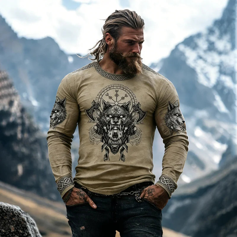 Cardydony Men's Retro Viking Wild Wolf Celtic Print Graphic T-shirt
