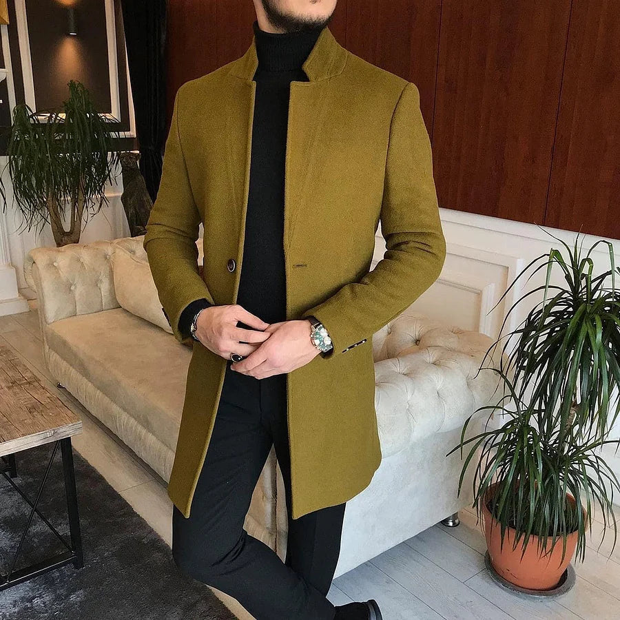 Cardydony Men's Solid Color Business Standing Collar Mid Length Coat