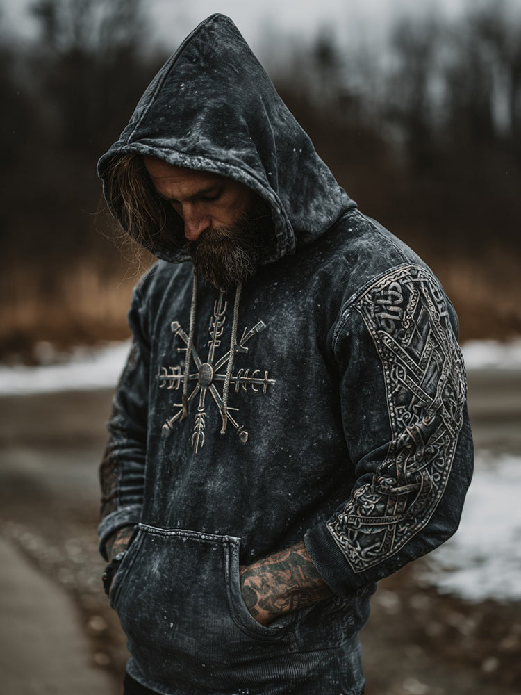 Cardydony Men's Viking Vegvisir Runes Graphics Washed Hoodies