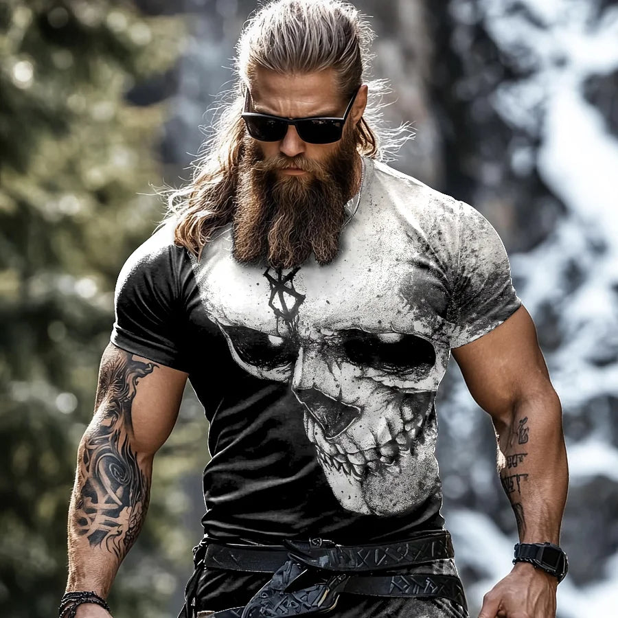 Cardydony Men's Vintage Viking Skull Print T-shirt