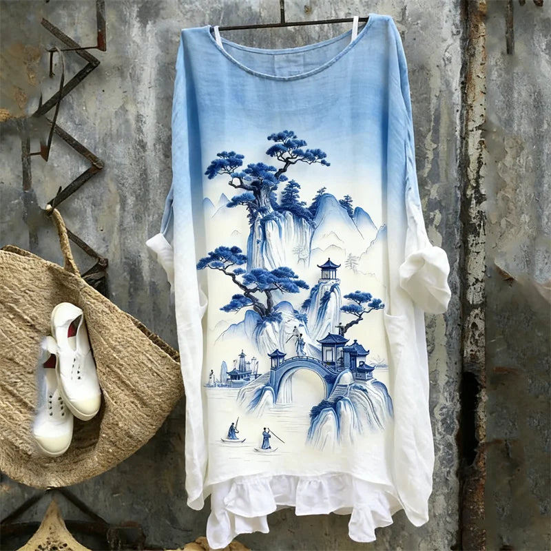 Cardydony Mountains Landscape Japanese Art Gradient Flowy Linen Tunic