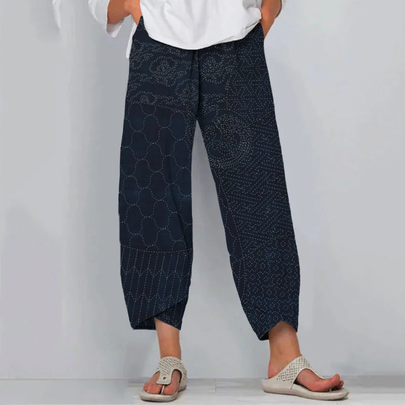 Cardydony Retro Japanese Traditional Sashiko Art Pattern Cropped Casual Pants