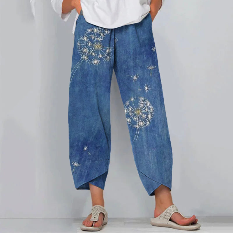 Cardydony Retro Japanese Traditional Sashiko Dandelion Art Pattern Cropped Casual Pants
