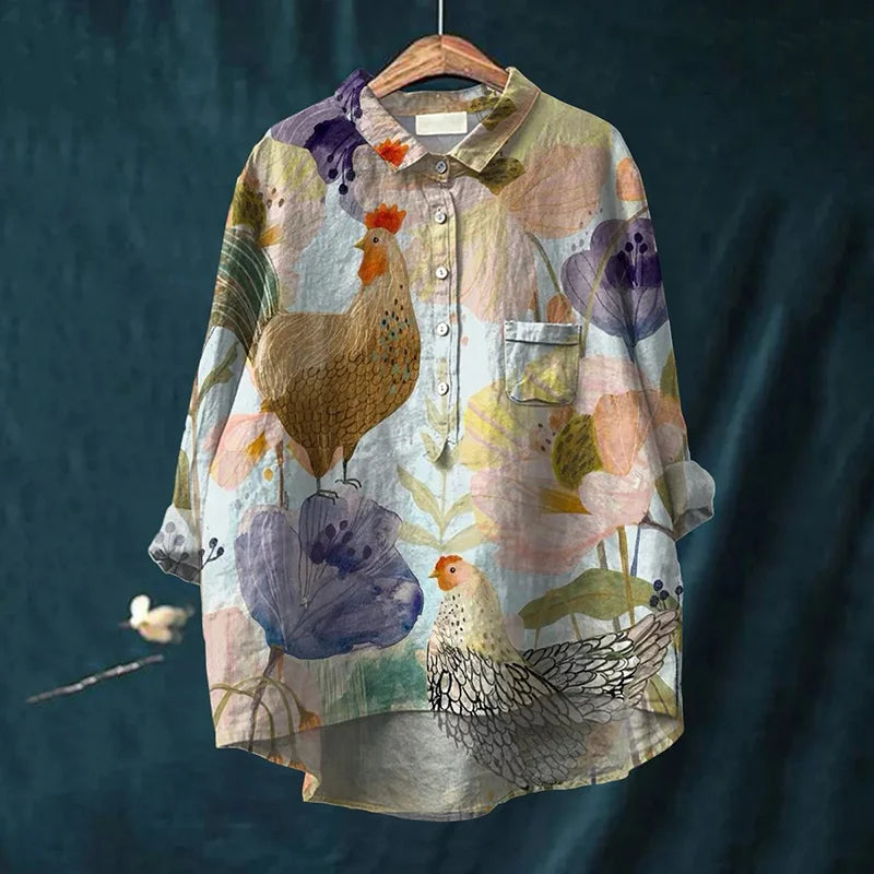 Cardydony Vintage Chicken And Floral Art Print Casual Cotton And Linen Shirt