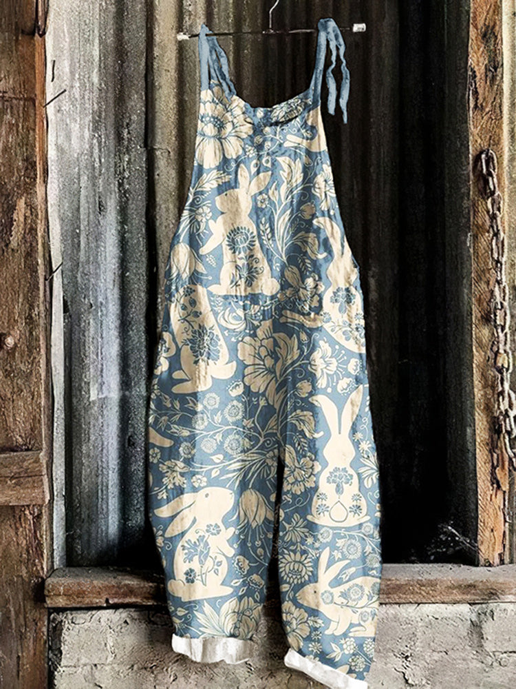 Cardydony Vintage Cute Rabbit Linen Blend Loose Casual Jumpsuit