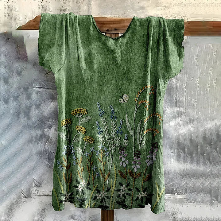Cardydony Vintage Embroidered Fresh Floral Cotton T-shirt