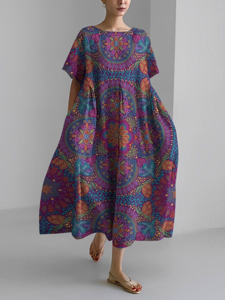 Cardydony Vintage Ethnic Print Short Sleeve Loose Midi Dress