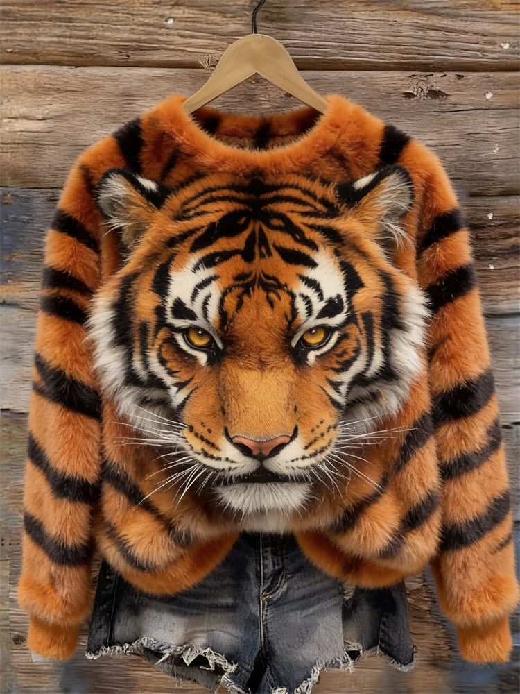 Cardydony Vintage Fuzzy Tiger & Pattern Cozy Plush Sweatshirt