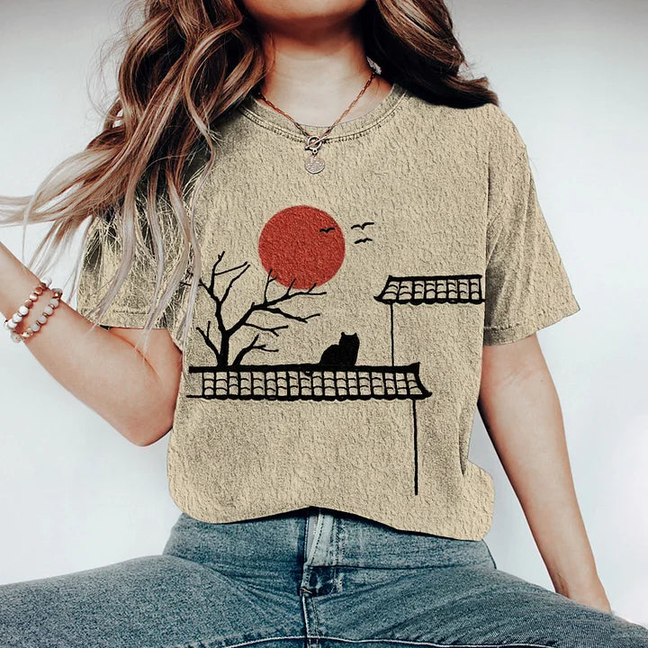 Cardydony Vintage Japanese Cat & Sunset Print Women's T-shirt
