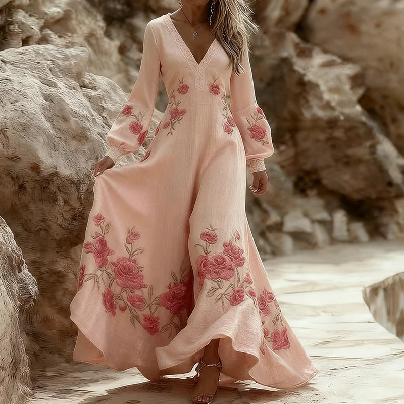 Cardydony Vintage Rose Art Women's Linen Long Sleeve Maxi V-neck Dress