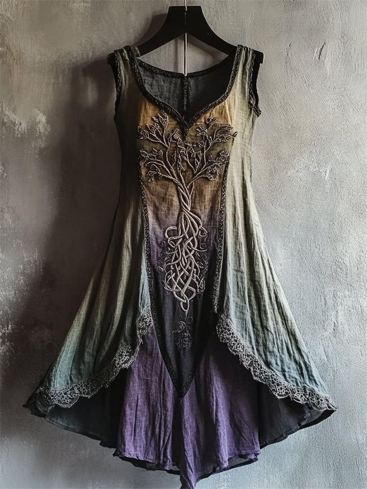 Cardydony Vintage Tree Of Life Lace Hem Gradient Linen Dress