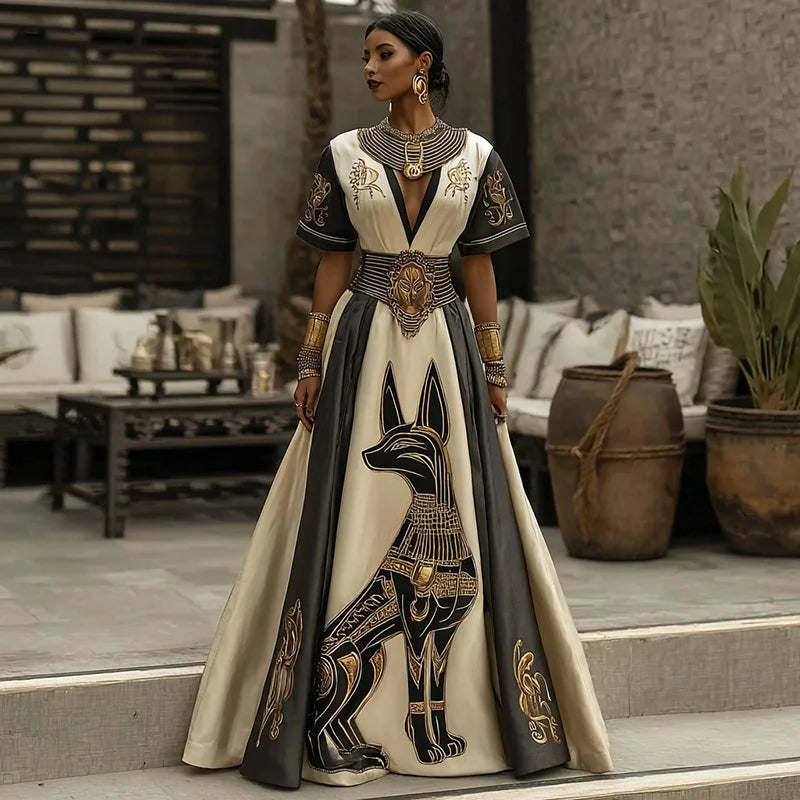 Cardydony Women's Ancient Egyptian Anubis Art Pattern V-neck Dress