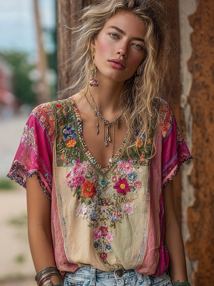 Cardydony Women's Bohemian Floral Embroidery Art V-neck Contrast Color Blend T-shirt