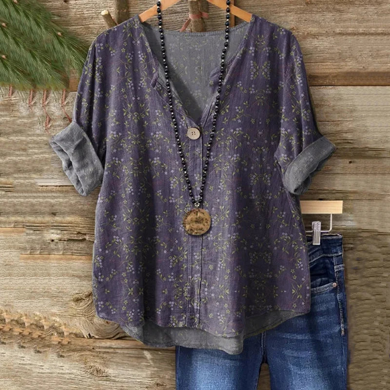 Cardydony Women's Bohemian Style Floral Art Print Casual Linen Shirt
